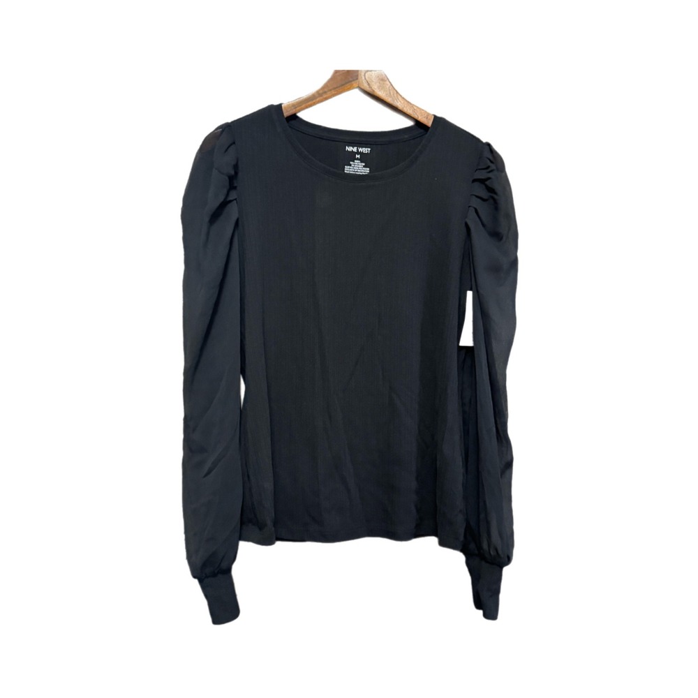 Nine West Top Women Size M Black NEW Ribbed Chiffon Puff Sleeve WW33K051RS